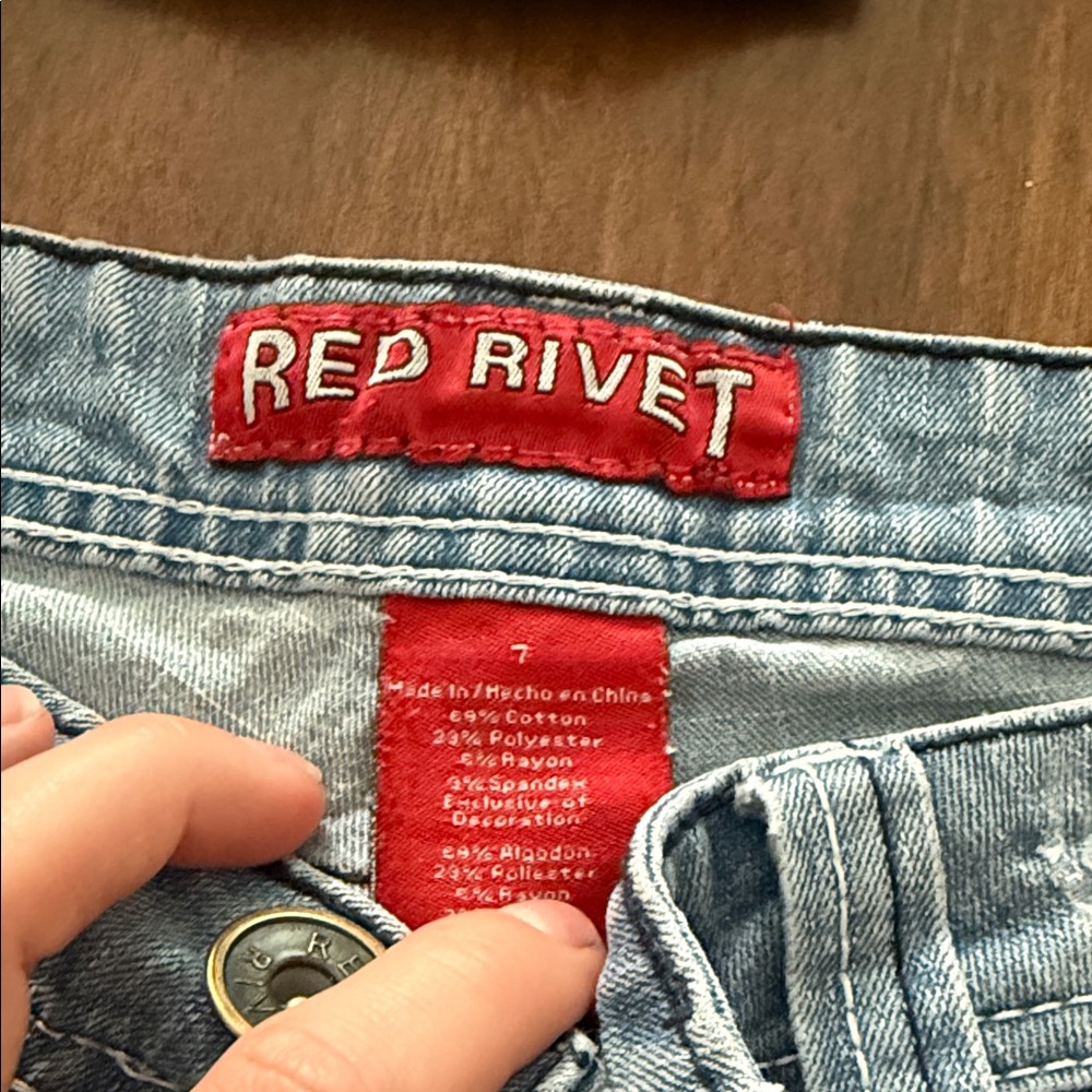 Red Rivet Light Blue Distressed Denim Shorts - Picture 3 of 3